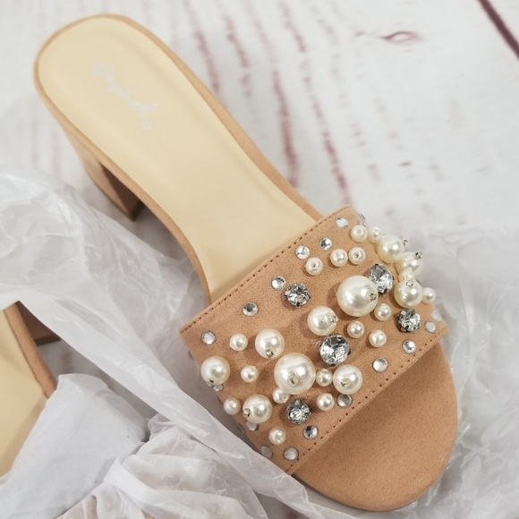 Light Pink Pearl Faux Suede Mules - Picture 5 of 8